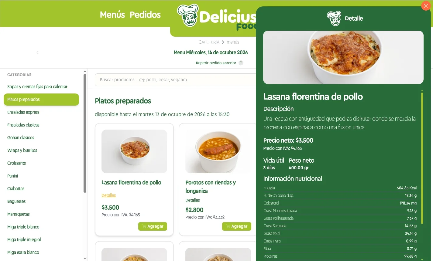 Ficha de la lasaña florentina de pollo con descripción, precio, vida útil, peso neto e información nutricional