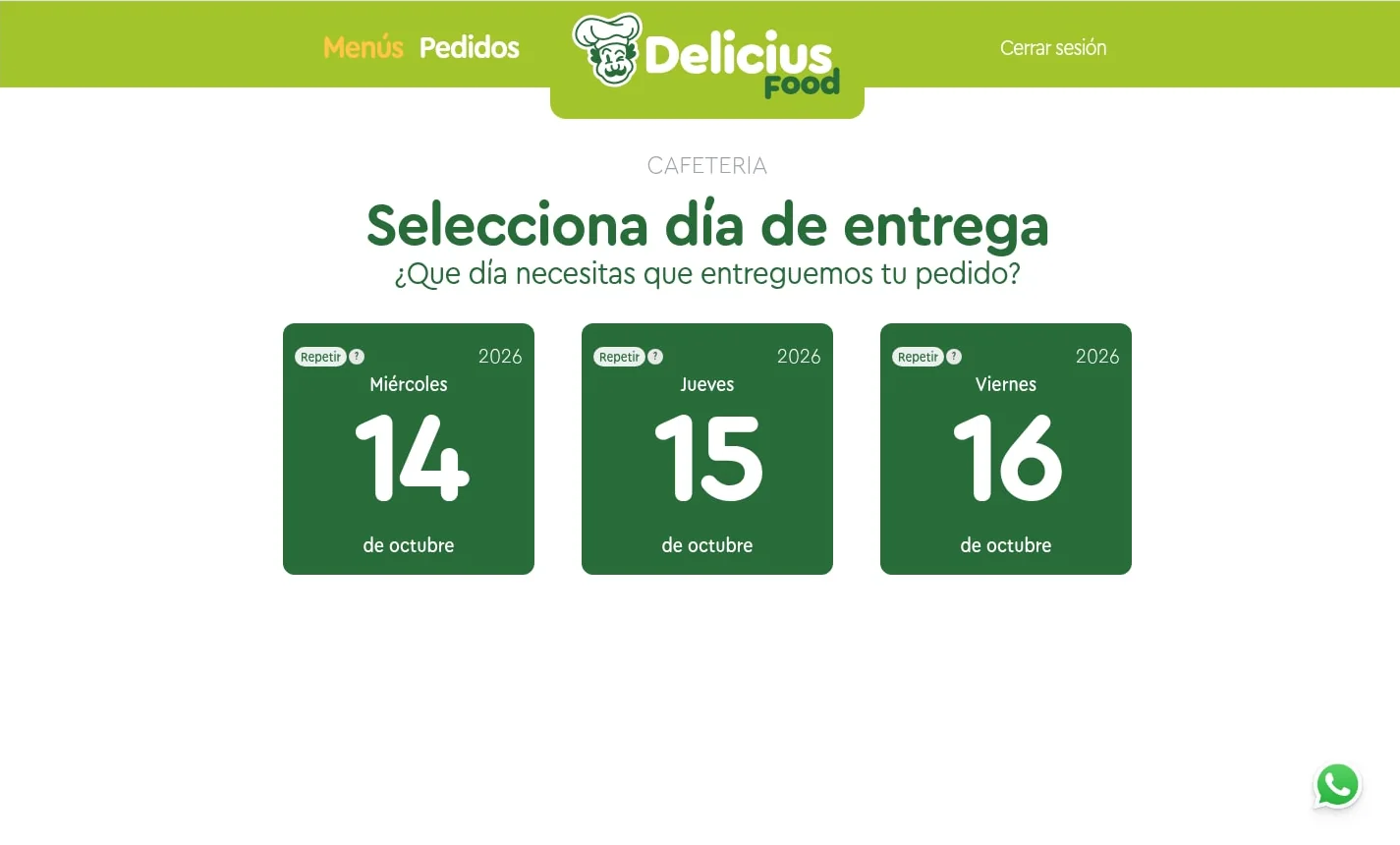 Selección del día de entrega: miércoles 14, jueves 15 y viernes 16 de octubre