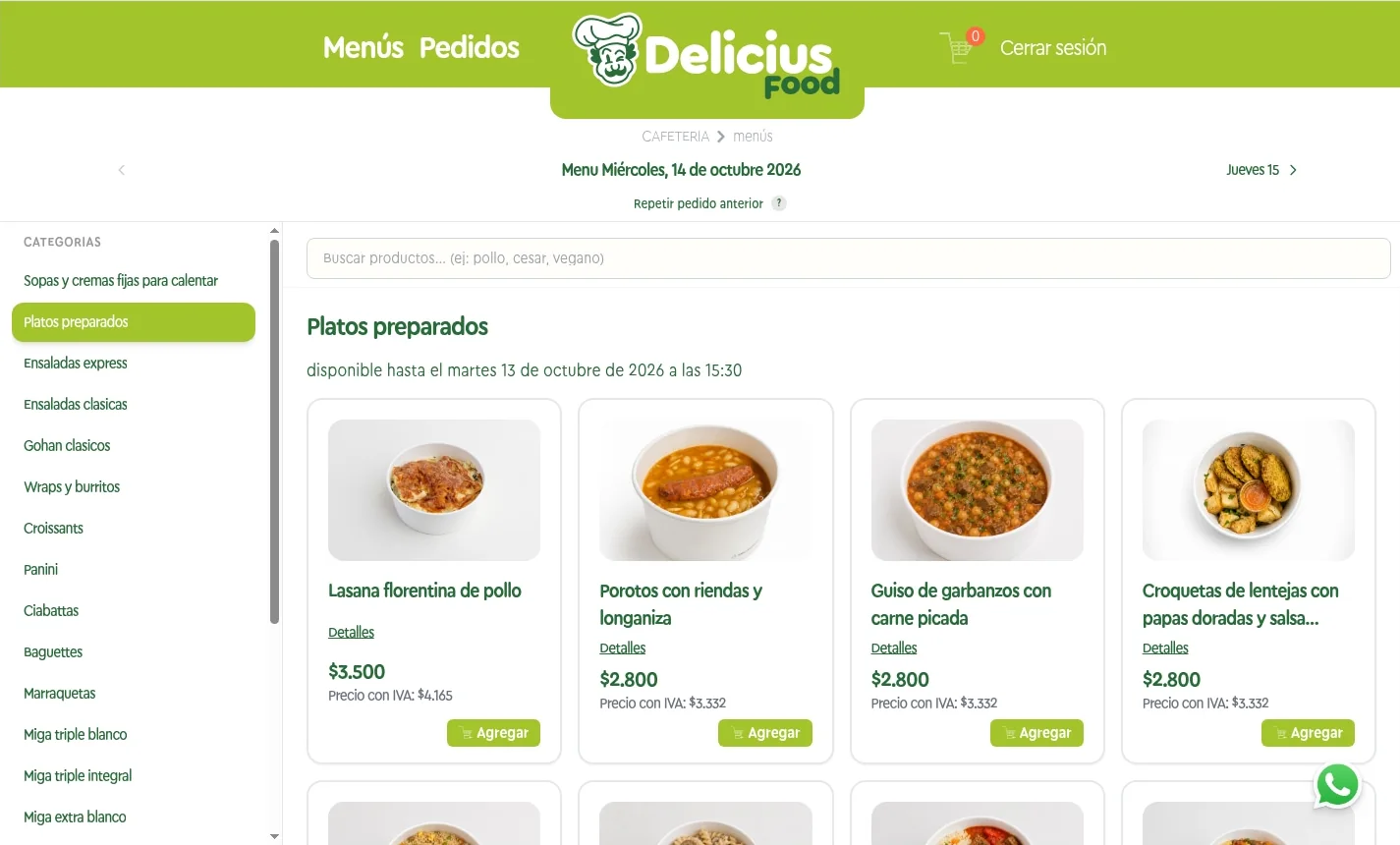 Menú del miércoles con las categorías a la izquierda y los platos preparados con foto, precio y botón para agregar