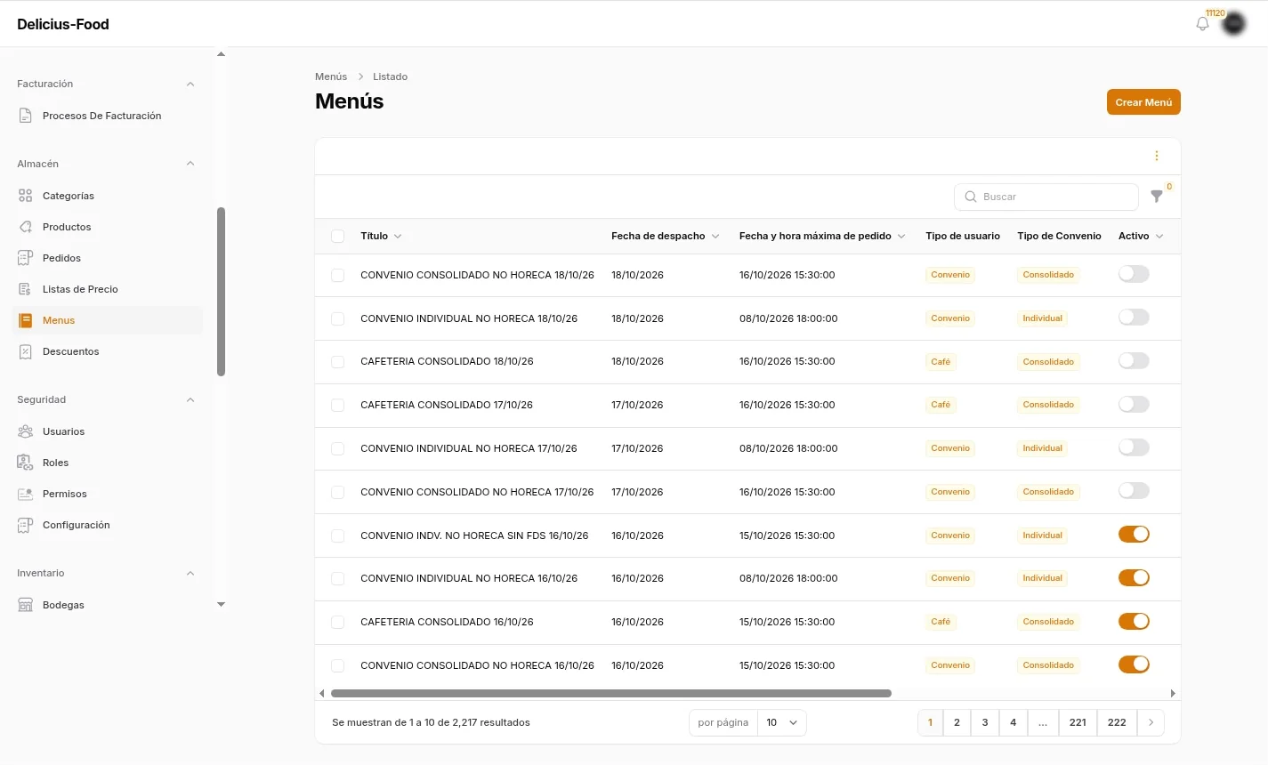 Listado de menús por tipo de cliente y convenio, con fecha de despacho y hora límite de pedido