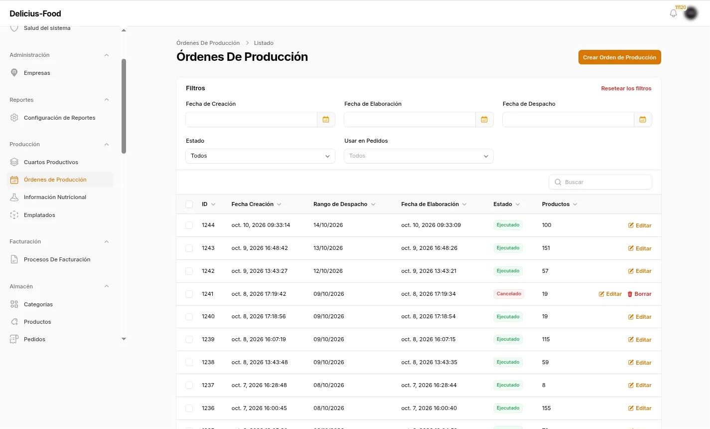 Listado de órdenes de producción con fechas de despacho y elaboración, estado y cantidad de productos